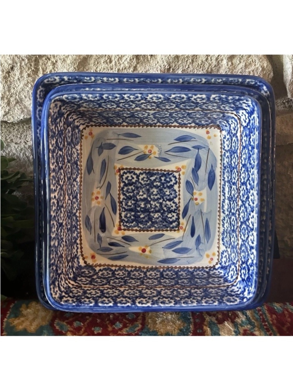 Set of 3 Temptations Old World Blue Square Nesting Bowls Baking Dishes No Box